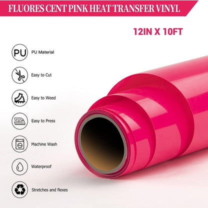 12" X 15 Ft Fluorescent Pink HTV Vinyl Rolls Heat Transfer Vinyl, Easy to Cut & Weed for Heat Vinyl Design