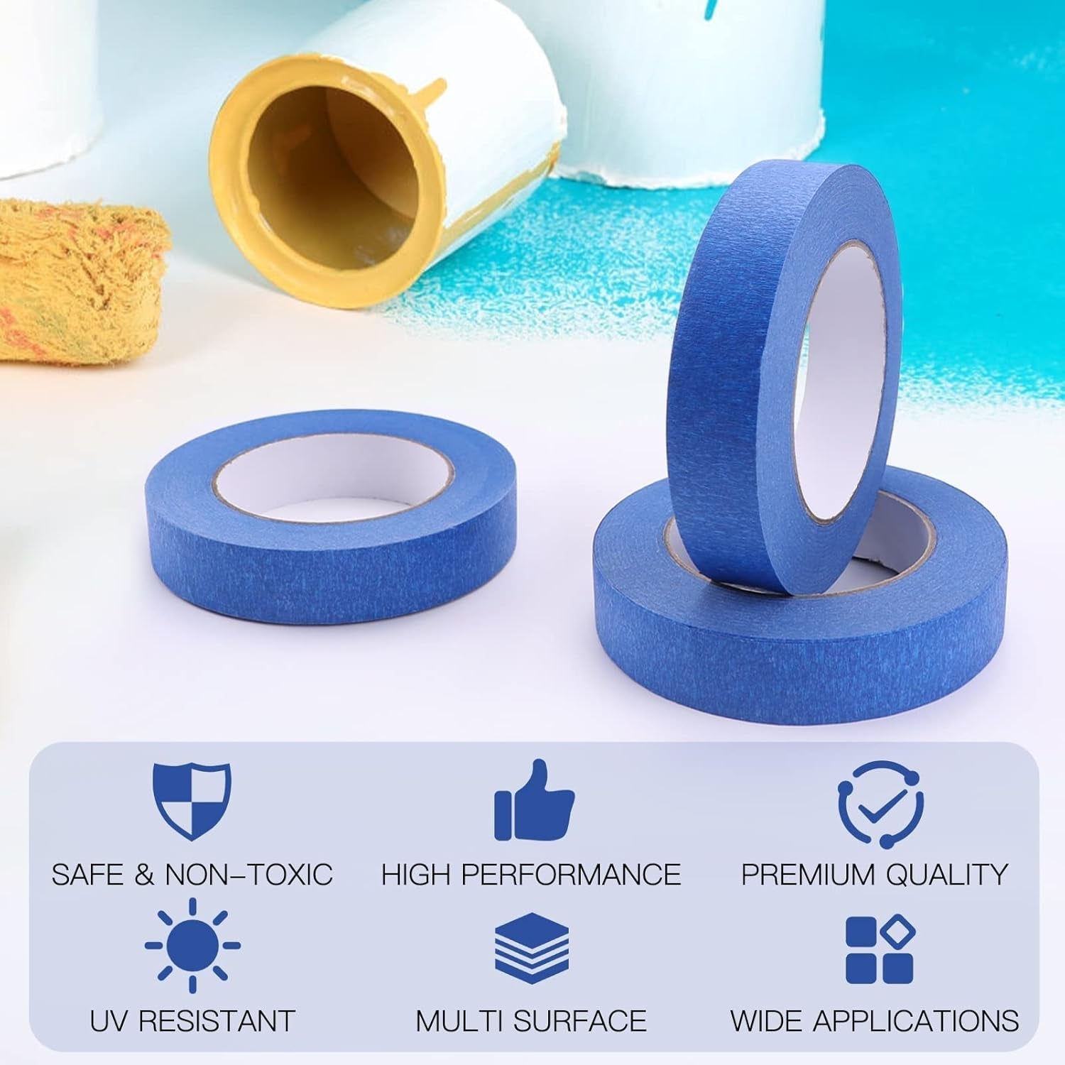 Blue Painters Tape - 1 Inch X 60 Yards X 3 Rolls Masking Tape, Multi-Surface Painters Tape, Paint Tape for Wall, Painting, Craft, Art Supplies, Clean Release Painter'S Blue Tape