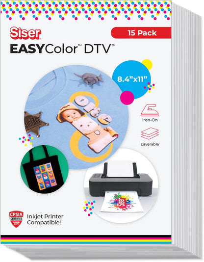 SISER Easycolor DTV 8.4'' X 11'' Sheets - Inkjet Printer Compatible Heat Transfer Vinyl (15 Sheets)