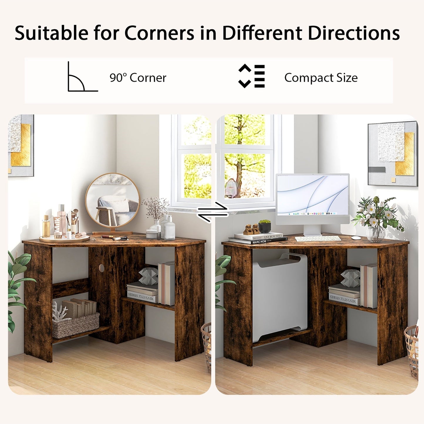 Corner Computer Desk Triangle Writing Workstation W/Storage Shelf Rustic