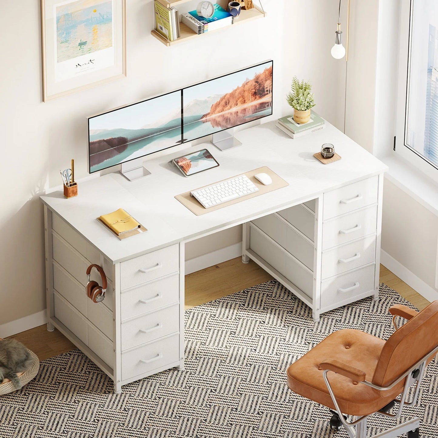 White Computer Desk with Drawers for Storage - 48 Inch Home Office Desk with 8 Fabric Drawers, Writing Study Desk with Drawers on Both Sides for Bedroom