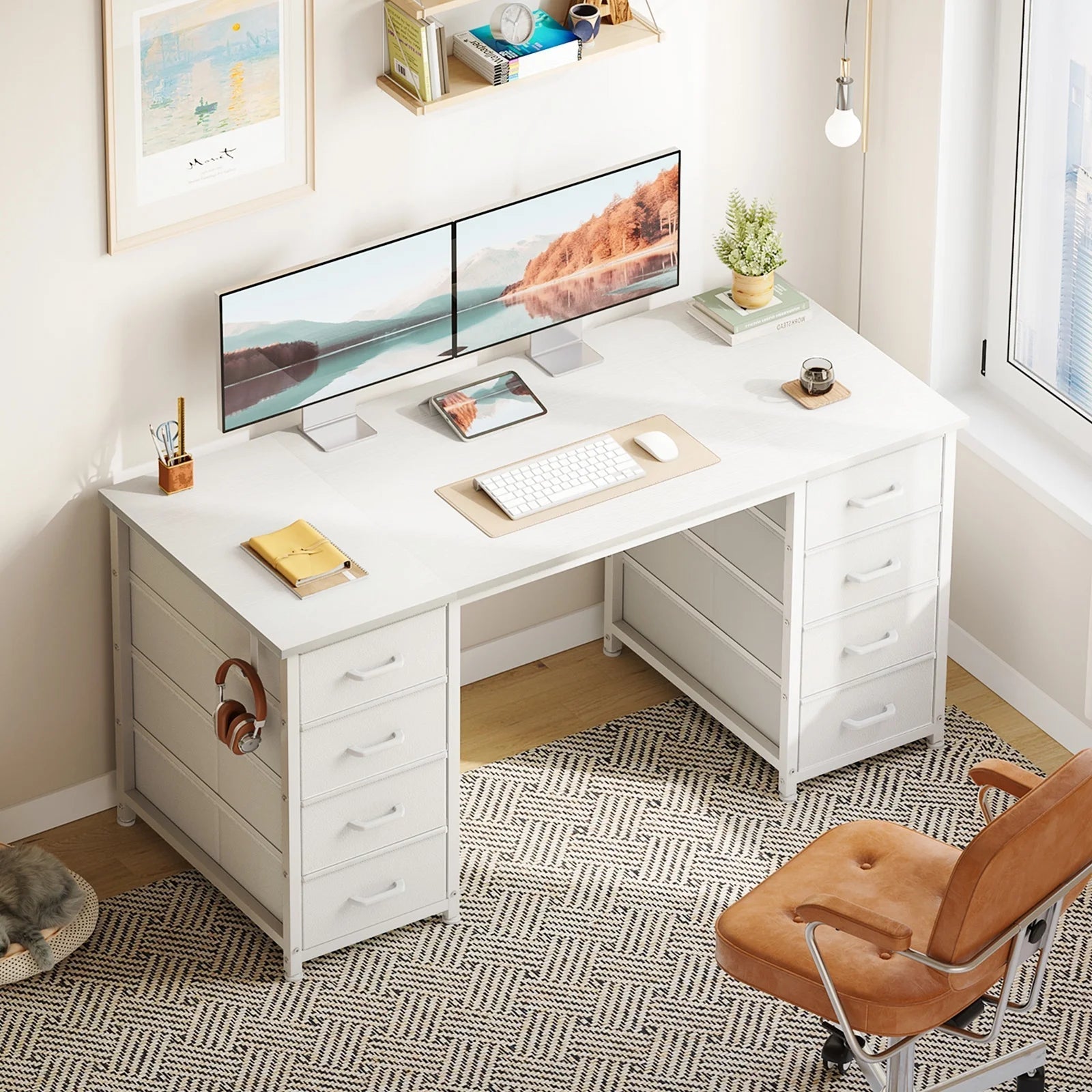 White Computer Desk with Drawers for Storage - 48 Inch Home Office Desk with 8 Fabric Drawers, Writing Study Desk with Drawers on Both Sides for Bedroom