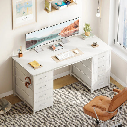 White Computer Desk with Drawers for Storage - 48 Inch Home Office Desk with 8 Fabric Drawers, Writing Study Desk with Drawers on Both Sides for Bedroom