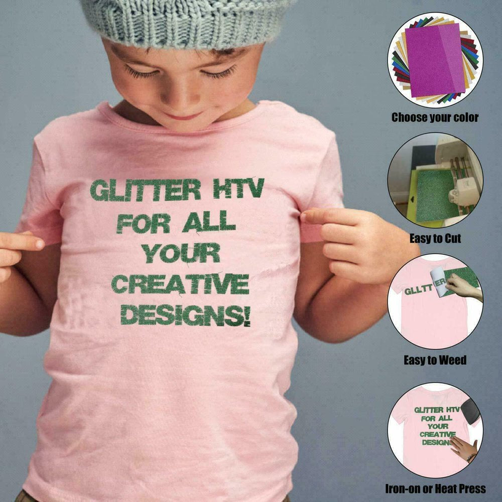 5 Pack Glitter Heat Transfer Vinyl Bundle 12"X 10" Sheet HTV Iron on UK