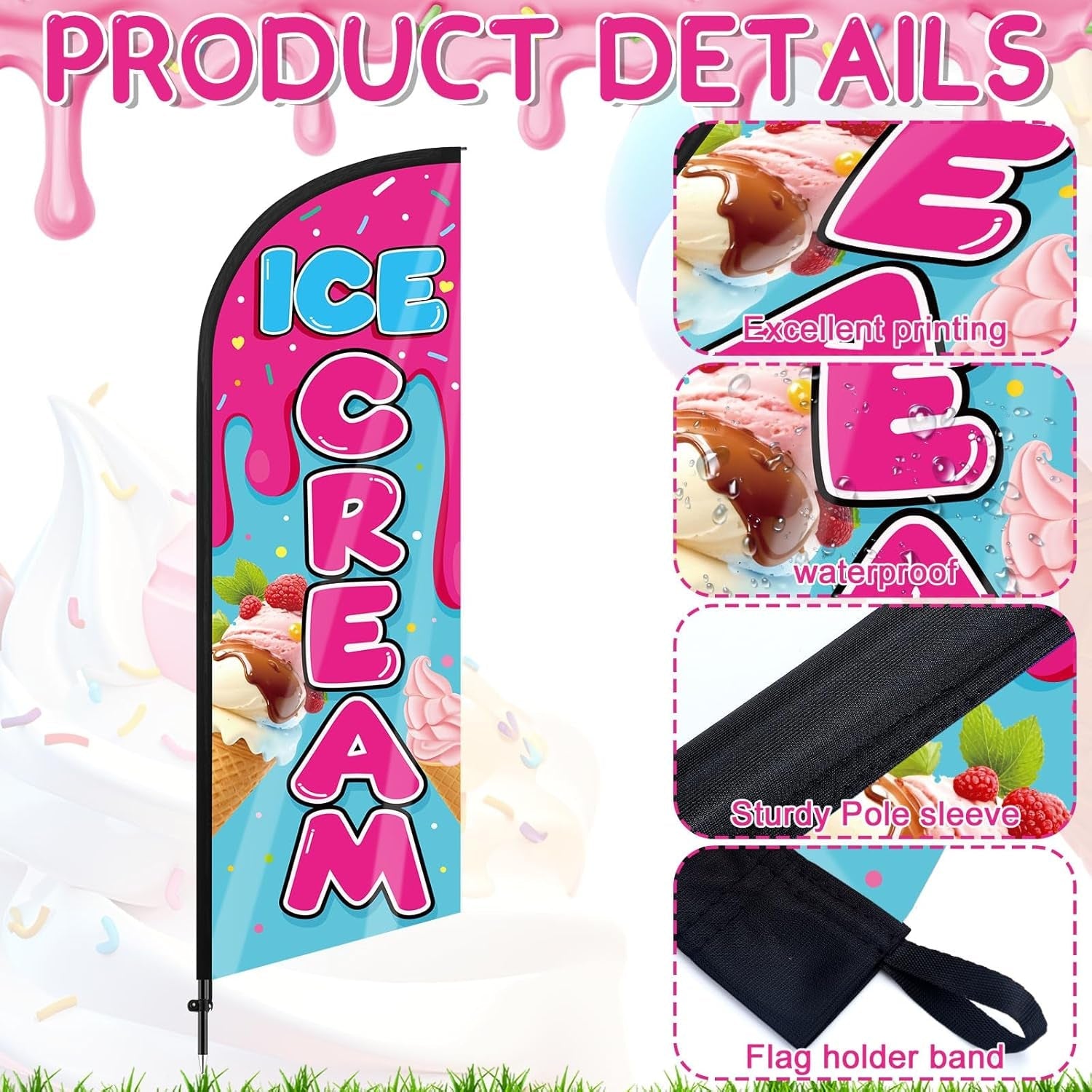 Ice Cream Advertising Feather Flag 7 Ft Advertising Swooper Flag Banner Signs with Pole and Ground Stake for Store Business Outside