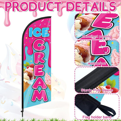 Ice Cream Advertising Feather Flag 7 Ft Advertising Swooper Flag Banner Signs with Pole and Ground Stake for Store Business Outside