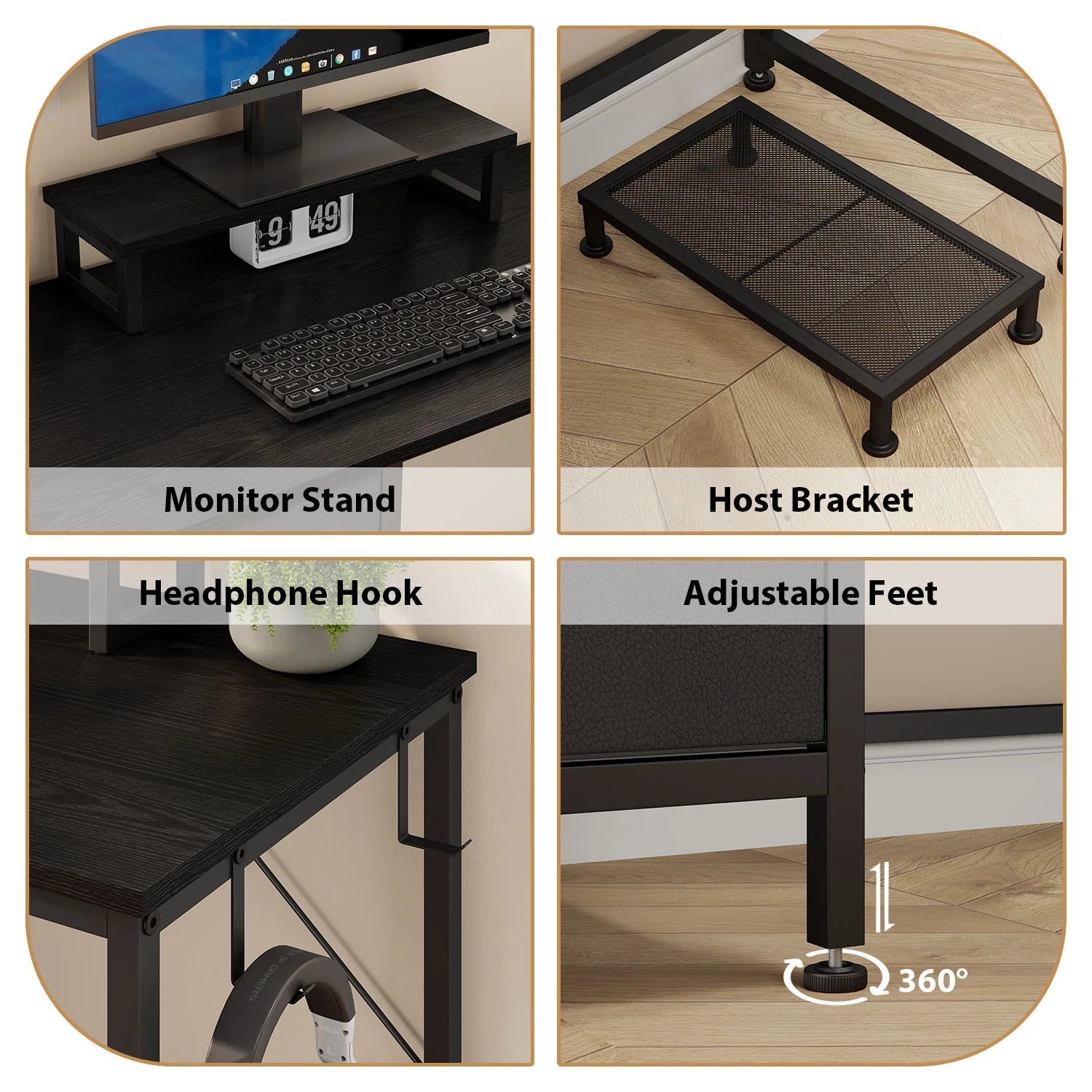 L Shaped Computer Desk, Reversible Gaming Desk with Drawers, Corner Desk with Storage Shelves & Monitor Stand, Home Office Desk Workstation, Black