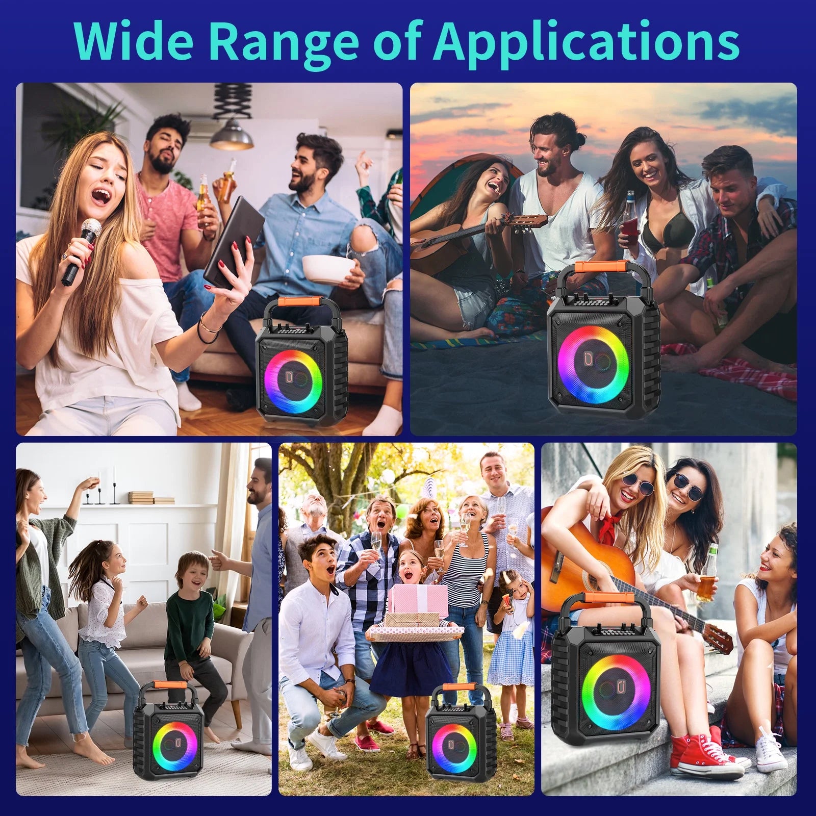 Portable Speaker, 20W Stereo Sound New Party Speaker with Microphone and Colorful Lights, 12H Playing Time Bluetooth Speaker for Home Outdoor and Travel