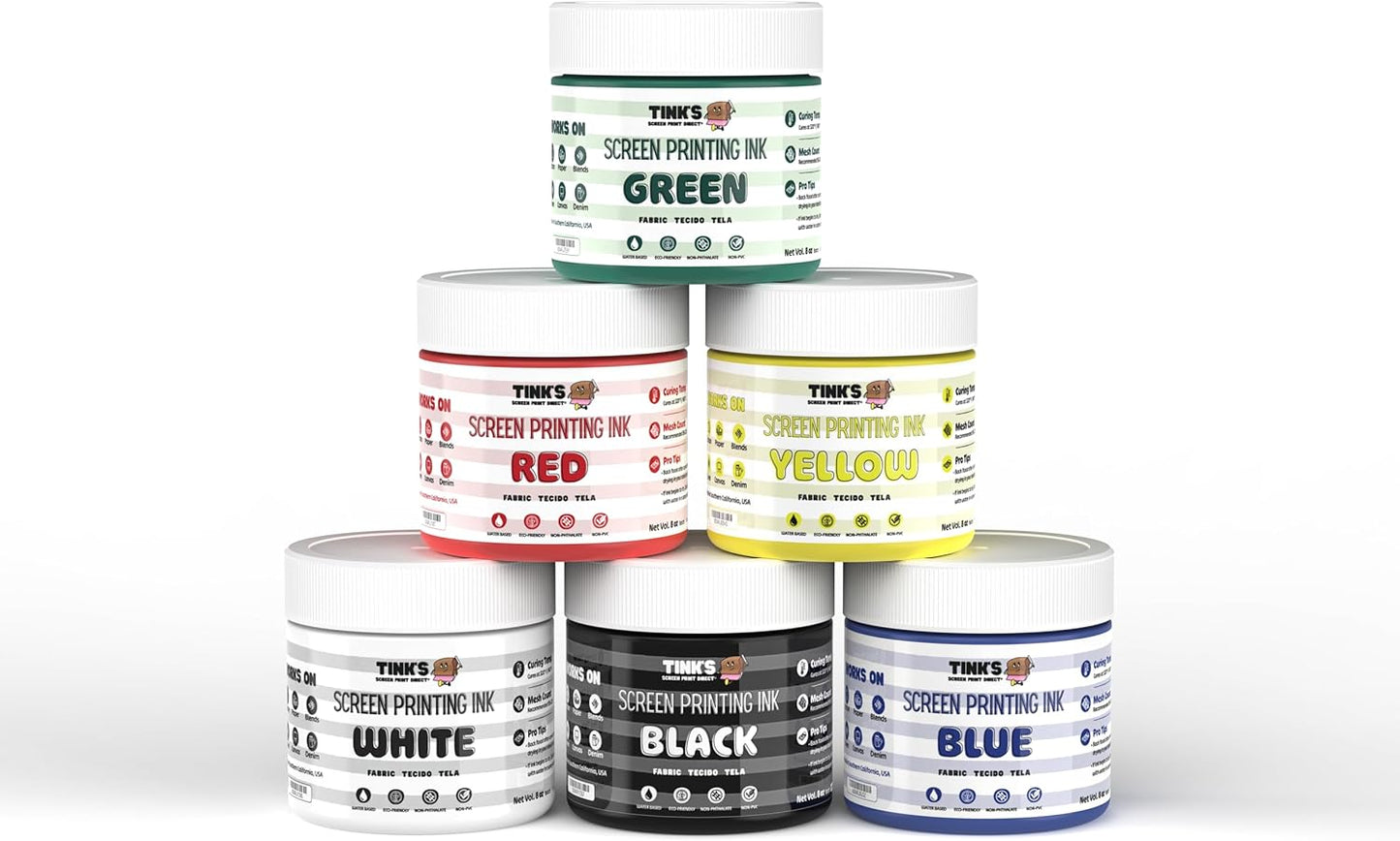 Tinks® Screen Printing Ink Set (6 Color - 4 Oz.) —Screen Printing Fabric Ink for Cotton and Polyester, for Silk Screens and Linocut, Opaque Fabric Paint—Paintmaking Supplies for Shirts and Tote Bags