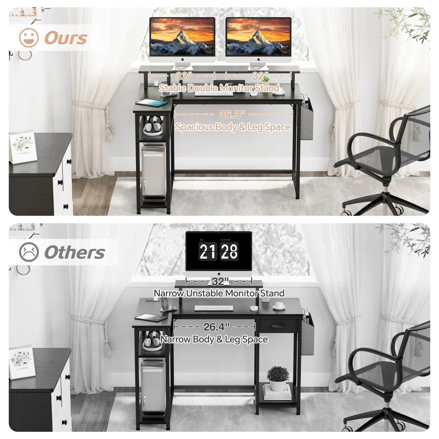 L-Shaped Office Desk with Power Outlets & LED Lights, 47" Computer Desk with Monitor Stand, Black
