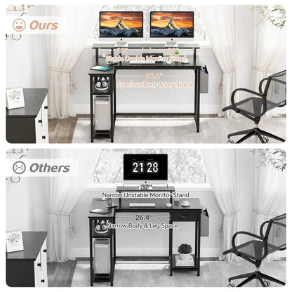 L-Shaped Office Desk with Power Outlets & LED Lights, 47" Computer Desk with Monitor Stand, Black