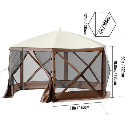 brand Camping Gazebo Tent, 12'X12', 6 Sided Pop-Up Canopy Screen Tent for 8 Person Camping, Waterproof Screen Shelter W/Portable Storage Bag, Ground Stakes, Mesh Windows, Brown & Beige