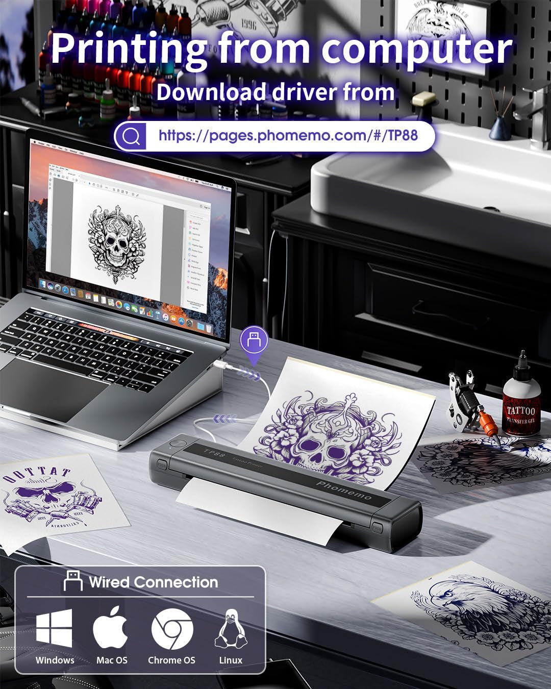 Phomemo TP88 Tattoo Transfer Stencil Printer- Thermal Tattoo Printer with 10Pcs Transfer Paper, Bluetooth Tattoo Machine for Tattoo Artists, Compatible with Smartphone & PC