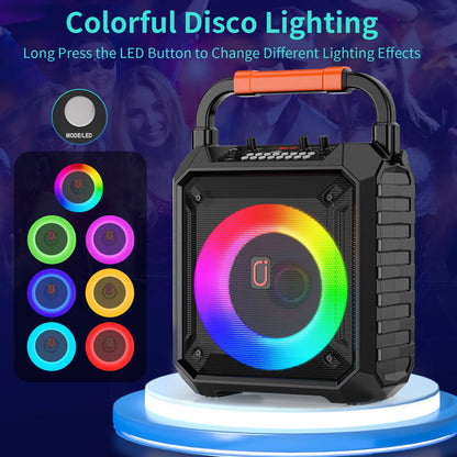 Portable Speaker, 20W Stereo Sound New Party Speaker with Microphone and Colorful Lights, 12H Playing Time Bluetooth Speaker for Home Outdoor and Travel