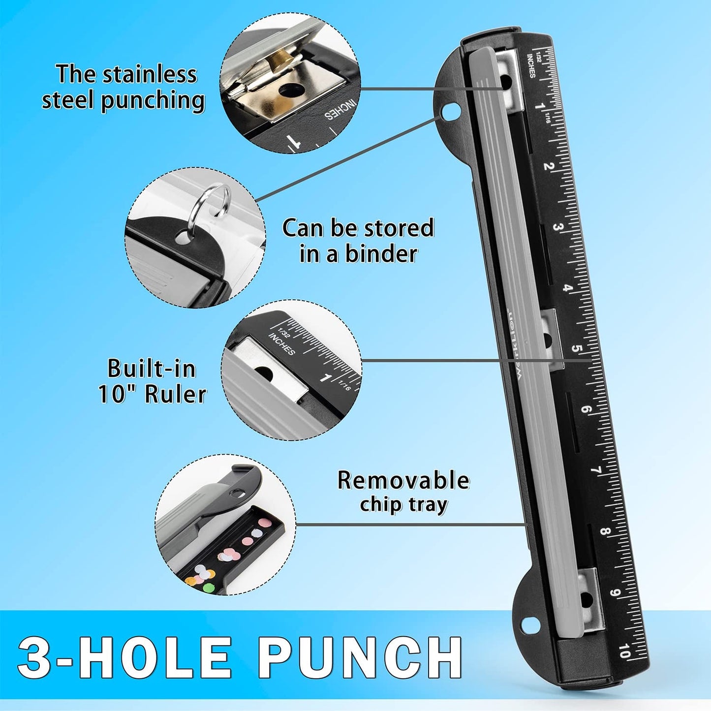 Worklion 3 Ring Hole Punch for Binder, Portable Puncher, Office Assistant, Black