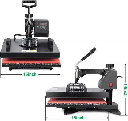 Slendor 8 in 1 Heat Press Machine 15X15 Inch 360-Degree Swing Away Digital T Shirt Pressing Machine Multifunction Heat Transfer Sublimation Combo for T Shirts Mugs Hat Plate Cap