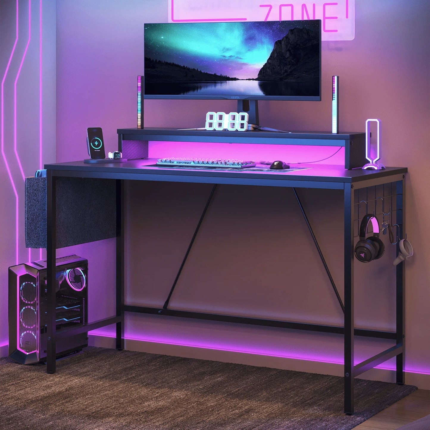 41.7 Inch Gaming Desk with LED Monitor Stand, Storage Pocket, Grid Side Frame, for Gaming Room and Home Office, Carbon Fiber Black