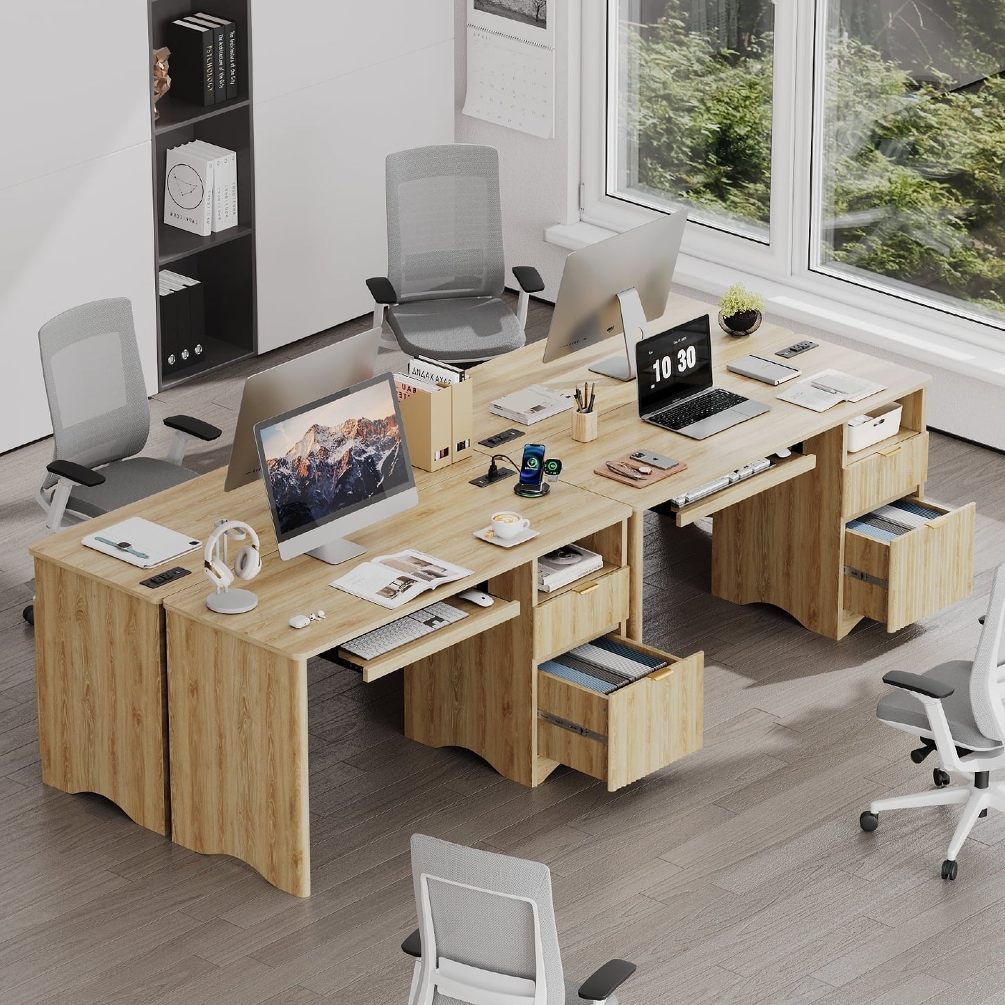 55" Computer Writing PC Desk Home Office with Power Outlets Keyboard Tray and Storage Drawers, Log