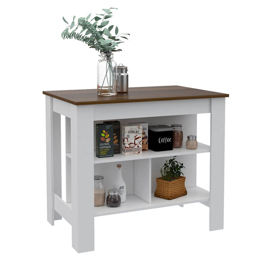 White Modern Engineered Wood Walnut Top Cala Kitchen Island