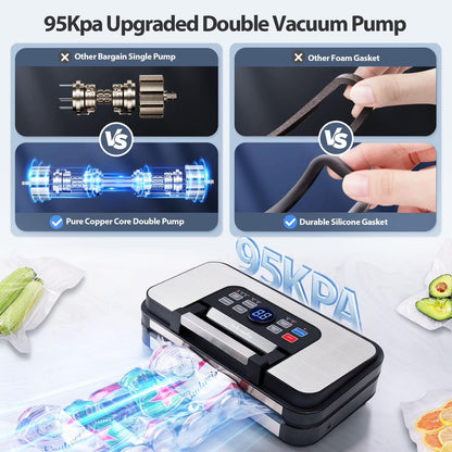 95Kpa Powerful Vacuum Sealer, Aeitto Food Sealer with 10-In-1 Functions, Easy-Lock Handle, Double Heat Seal & Double Pump, for Food with Bags Storage, Built-In Cutter,Stainless Steel
