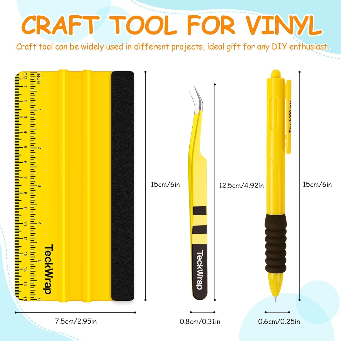 Vinyl Craft Tool Kit – Retractable Pin Pen, 6" Felt Squeegee for Vinyl with Ruler & Precision Tweezers for Decals, HTV & Iron-On Projects
