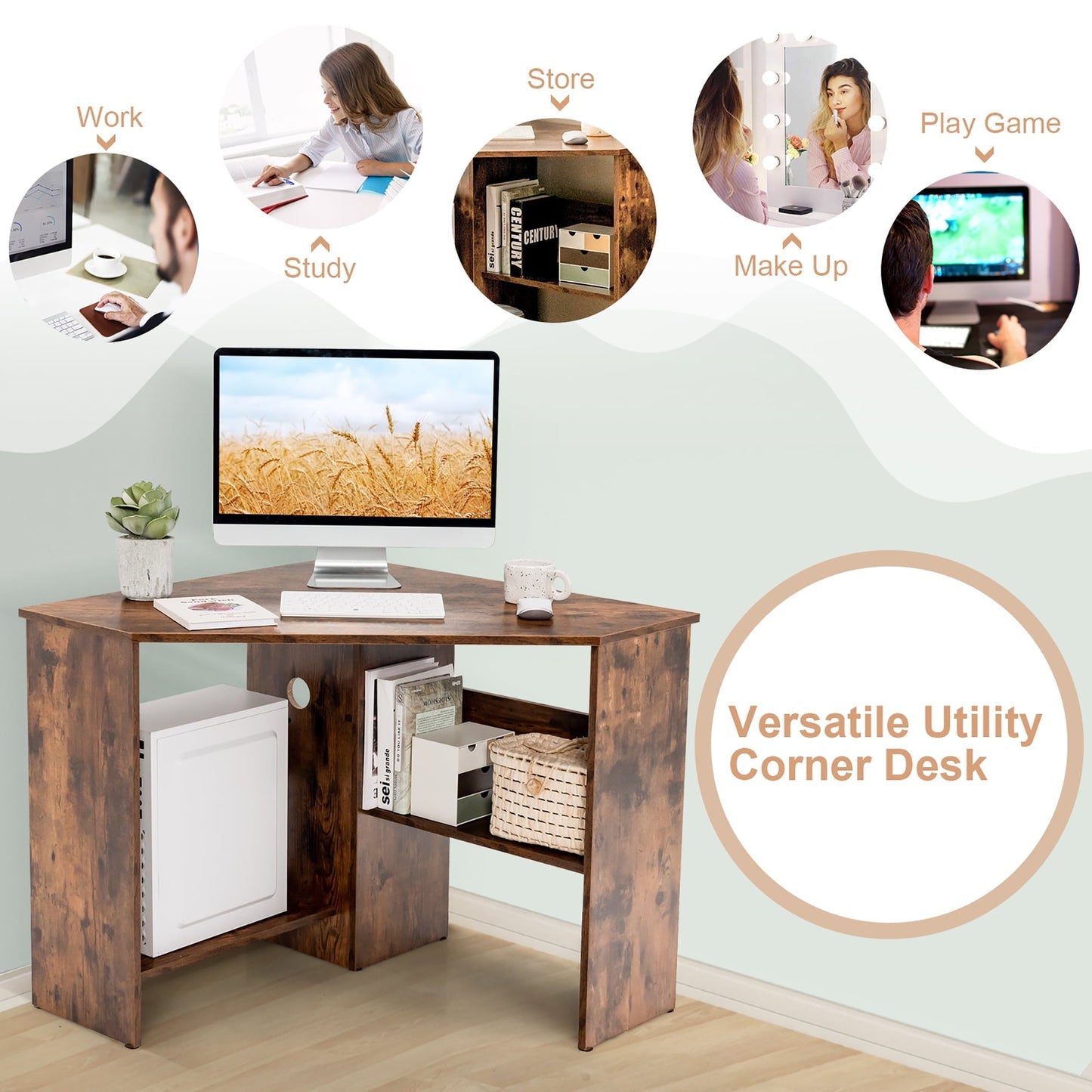 Corner Computer Desk Triangle Writing Workstation W/Storage Shelf Rustic