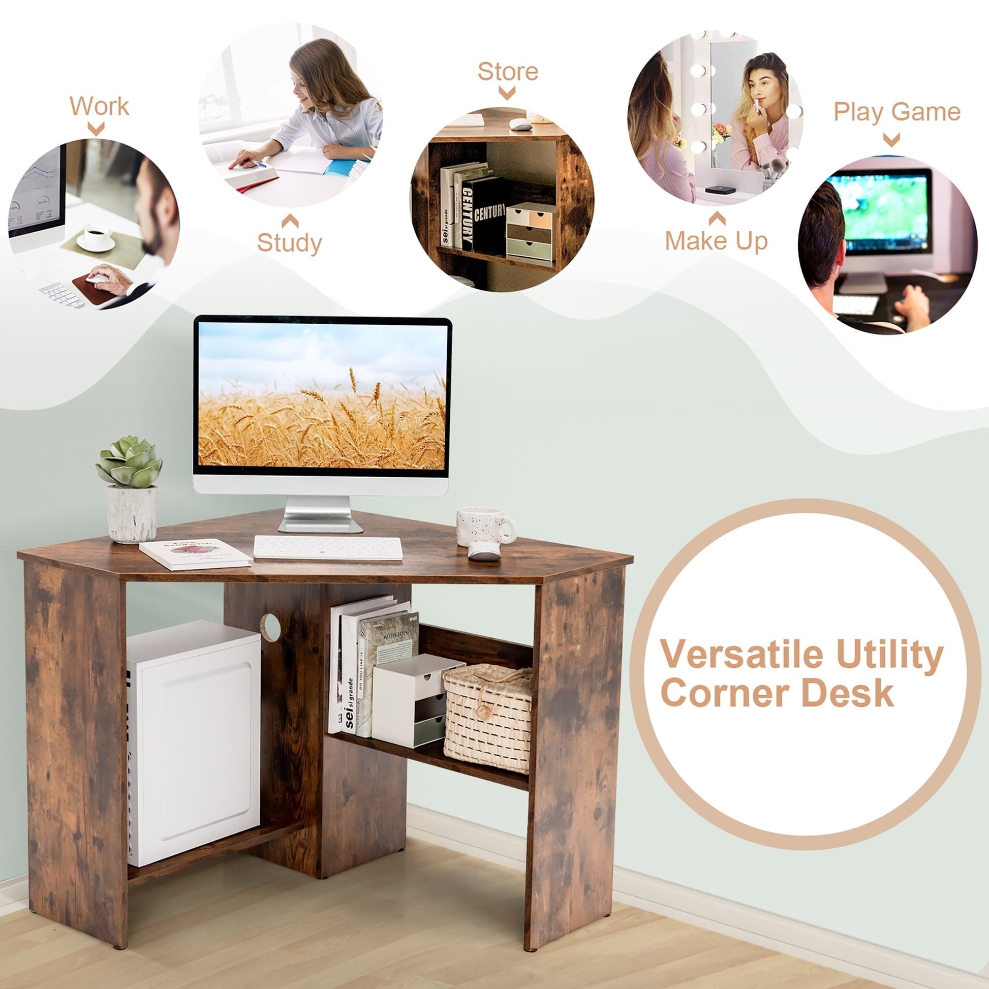 Corner Computer Desk Triangle Writing Workstation W/Storage Shelf Rustic