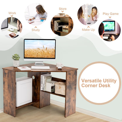 Corner Computer Desk Triangle Writing Workstation W/Storage Shelf Rustic