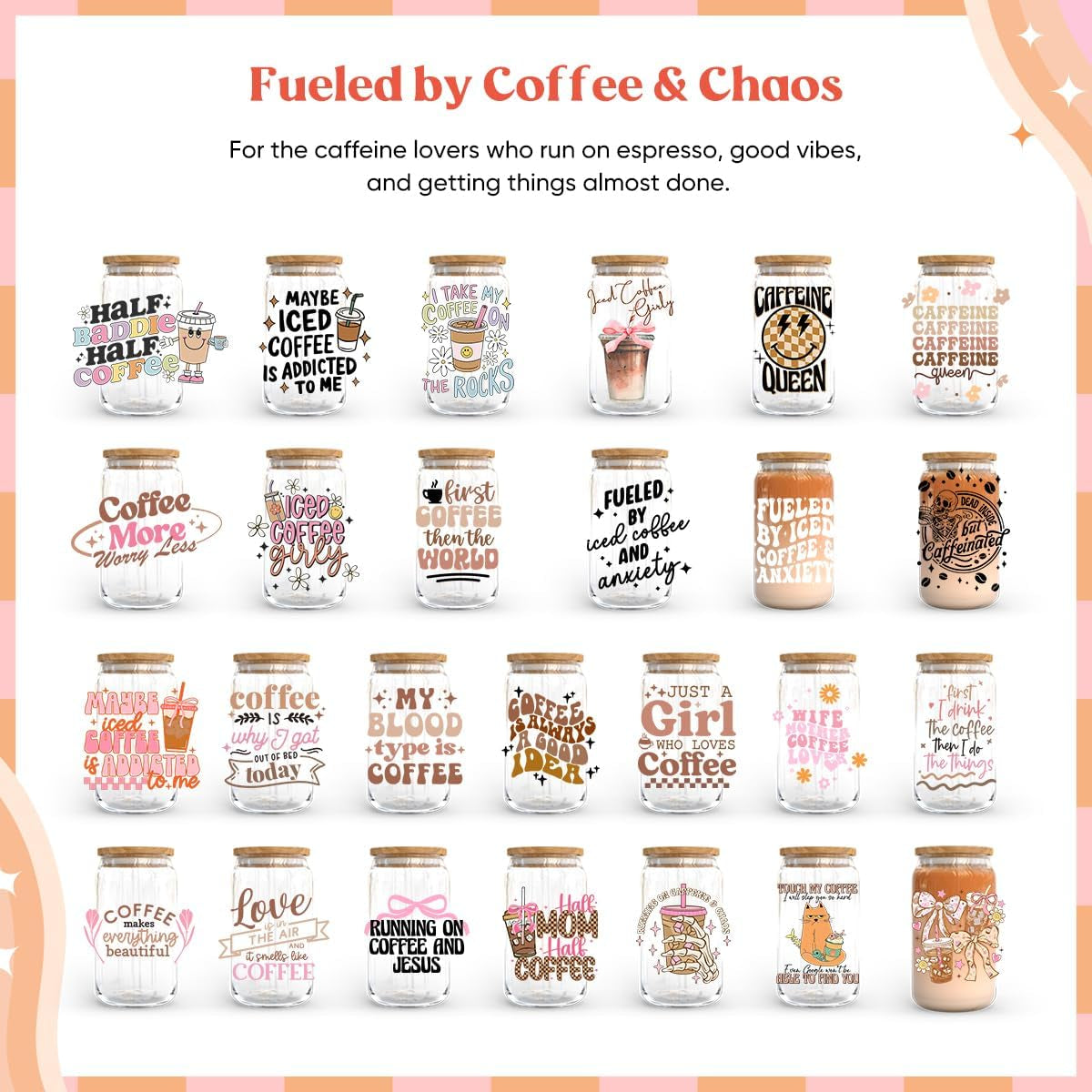 26 Sheets Coffee UV DTF Cup Wrap -Ice Coffee Theme DTF Cup Wraps for 16 Oz Glass Mugs, UV DTF Decals Waterproof Rub on Transfer Stickers DIY Mug Glasses Crafting
