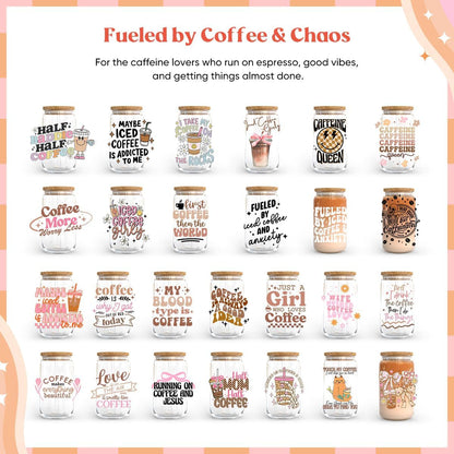 26 Sheets Coffee UV DTF Cup Wrap -Ice Coffee Theme DTF Cup Wraps for 16 Oz Glass Mugs, UV DTF Decals Waterproof Rub on Transfer Stickers DIY Mug Glasses Crafting