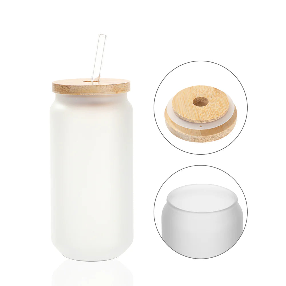 Wholesale 18 OZ Sublimation Blanks Glass Cans Tumblers Frosted Bulk with Bamboo Lid and Glass Straw 12 Pack & 60 Pack & 120 Pack