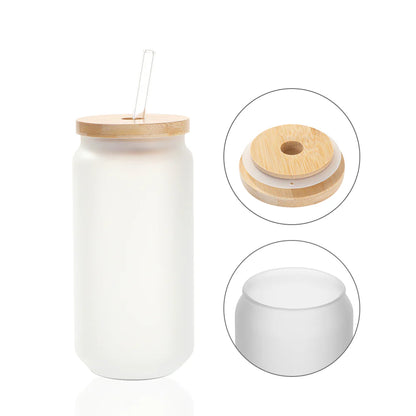 Wholesale 18 OZ Sublimation Blanks Glass Cans Tumblers Frosted Bulk with Bamboo Lid and Glass Straw 12 Pack & 60 Pack & 120 Pack