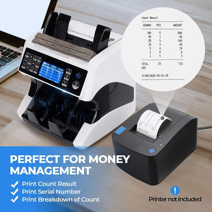 MUNBYN IMC01 Bank Grade Money Counter Machine Mixed Denomination, 2CIS/UV/IR/MG/MT Counterfeit Detection, Serial Number, MUL Currency Cash Counter, Printer Compatible, 2Y Warranty (White)