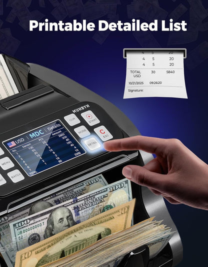 MUNBYN IMC22 Money Counter Machine Mixed Denomination, Dual-Display, CIS/UV/IR/MG Counterfeit Detection Bill Counter, USD, MXN, COP, CAD Cash Counter for Business, Merchant, 2Y Protect (Black)