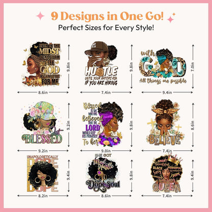 Kaciola 9 Sheets Black Girl DTF Transfers Ready to Press, Black Women Iron on Transfers Washable Stickers Iron on Decals for T Shirts Hoodie DIY Crafts
