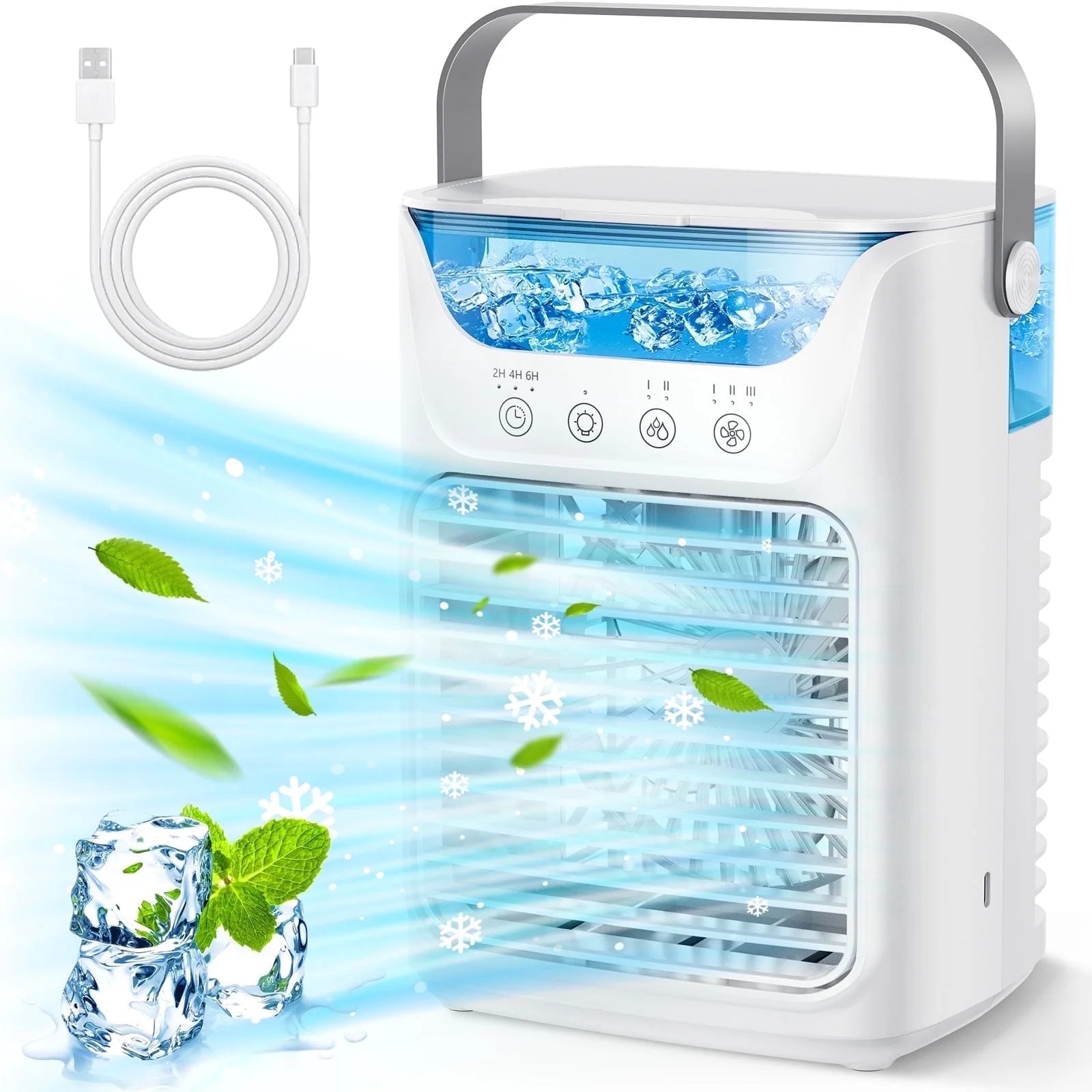Portable Air Conditioner, Personal Air Conditioner, Tabletop Mini AC, 3 in 1 Evaporative Air Cooler with 3 Speeds, 2 Mist Spray, 7 Color Ambient Lights, 24Oz Removable Water Tank for Bedroom Office
