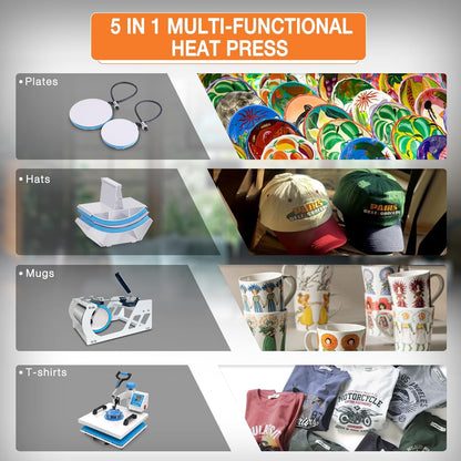 Horgelu 5 in 1 Heat Press Machine 15X15 Inch Heat Transfer Machine 360-Degree Swing Away Multifunction Digital Sublimation Combo Heat Press for T Shirt Mug Hat Plate for Commercial Home 110V