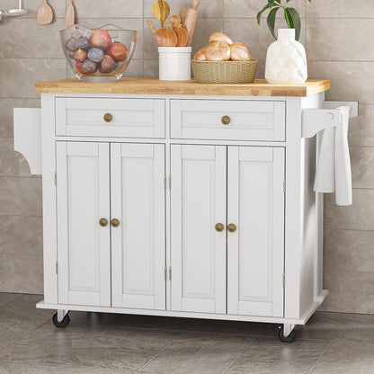 Rolling Kitchen Island, Kitchen Cart with Rubber Wood Countertop, Lockable Casters, Adjustable Shelves, Matte(White-43.3"X17.7"X32.5")