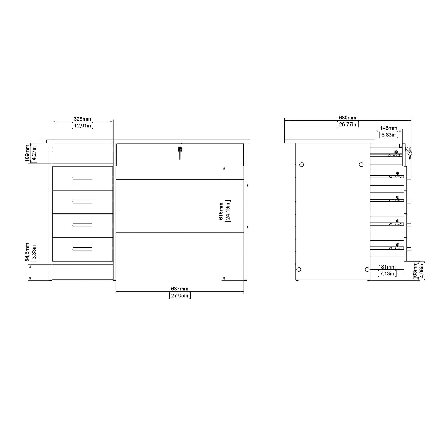 Walden 5 Drawer Office Desk with 1 Locking Drawer for Adults, White