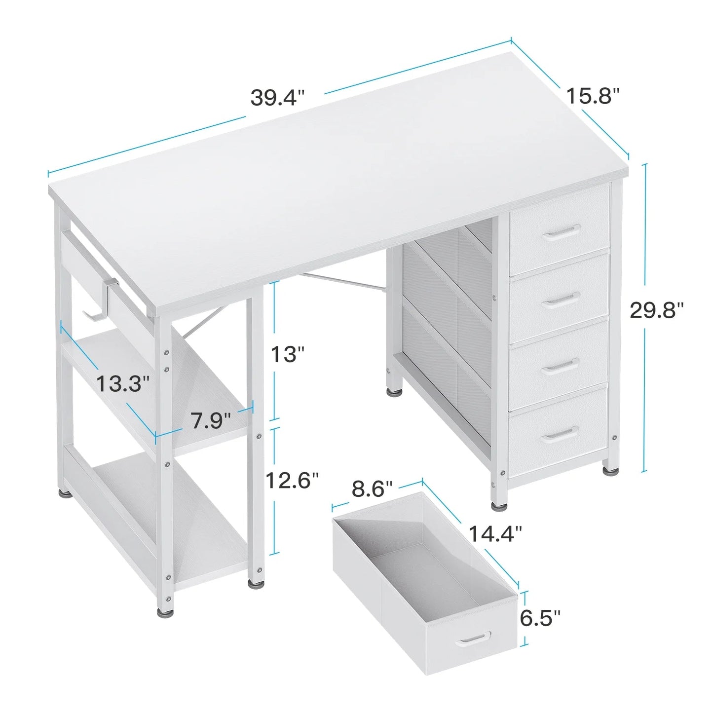Computer Desk with Drawers & Storage Shelves, 40 Inch Corner Desk for Home Office Bedroom, Small Teen PC Desks with Fabric Drawer, White