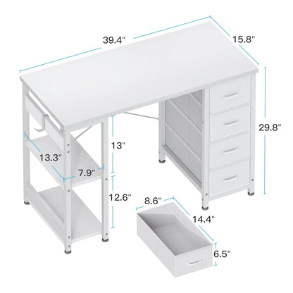 Computer Desk with Drawers & Storage Shelves, 40 Inch Corner Desk for Home Office Bedroom, Small Teen PC Desks with Fabric Drawer, White