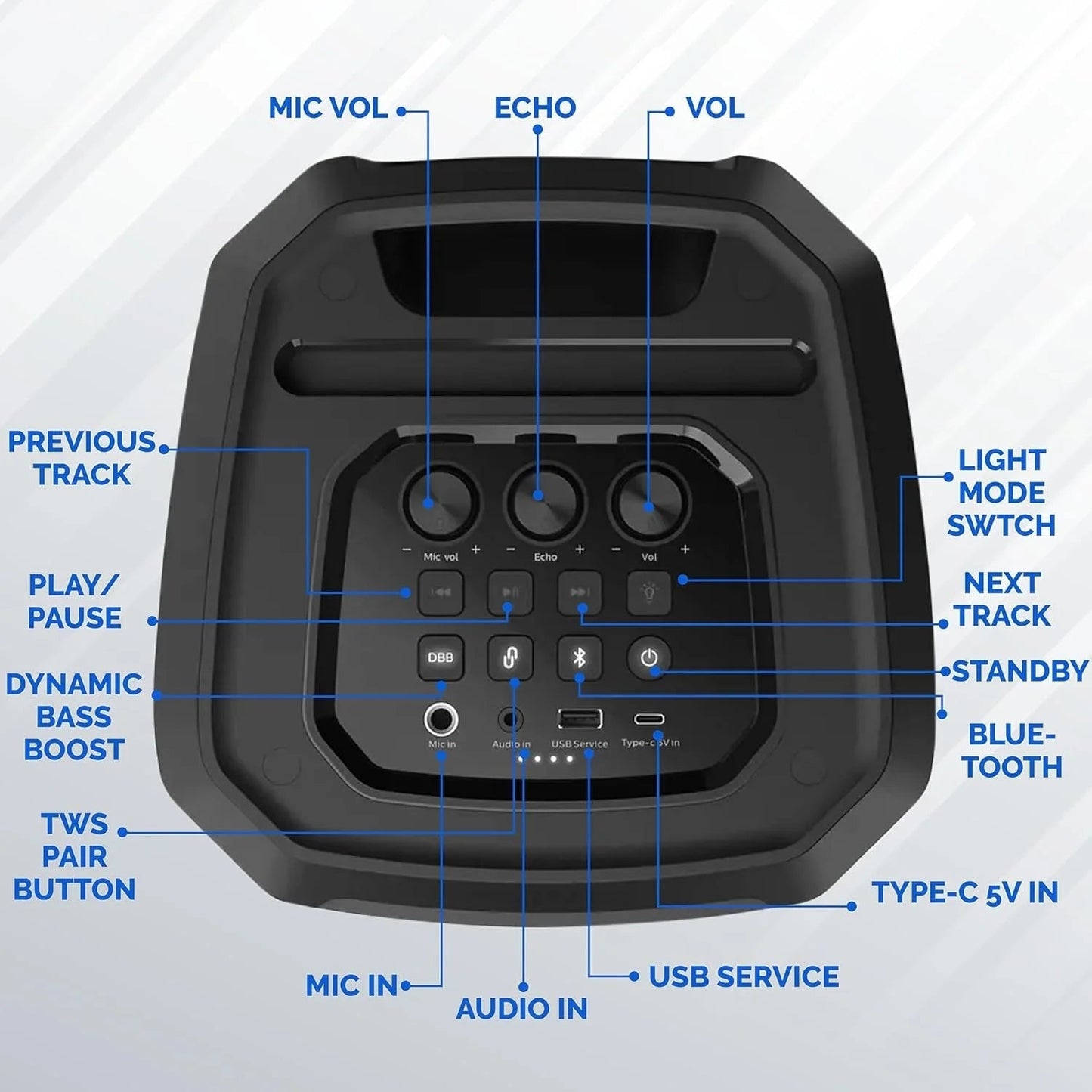 Portable Bluetooth Party Speaker with 8-Inch Woofer and Dynamic Bass Boost, 30W, 7Hrs Play Time, USB-C, Black