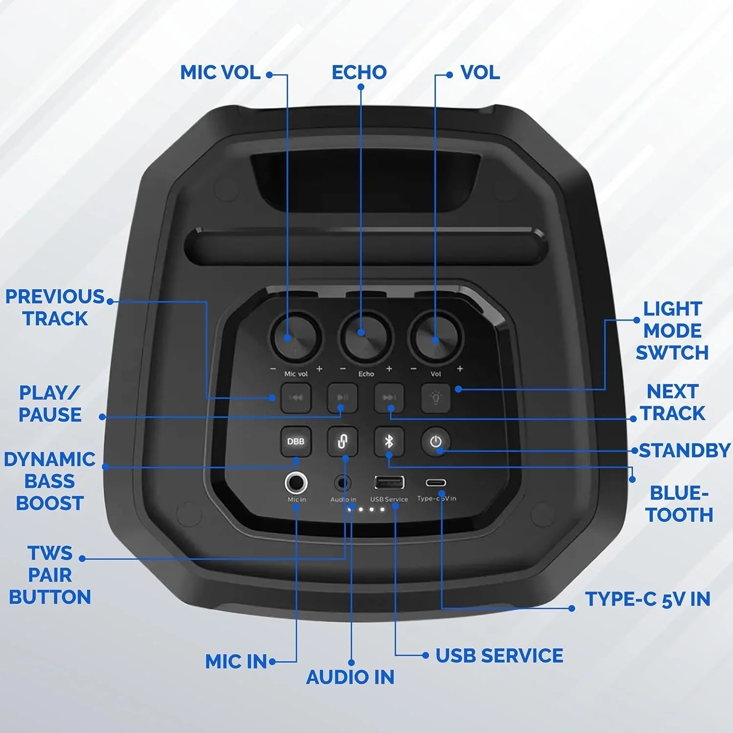 Portable Bluetooth Party Speaker with 8-Inch Woofer and Dynamic Bass Boost, 30W, 7Hrs Play Time, USB-C, Black