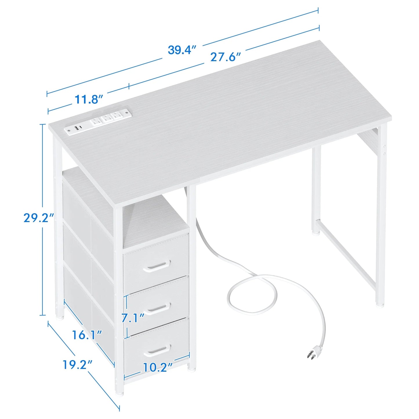 40 Inch Computer Desk with Power Outlets, Home Office Desk with 3 Drawers, Writing Desk with Removable Monitor Shelf, Pure White