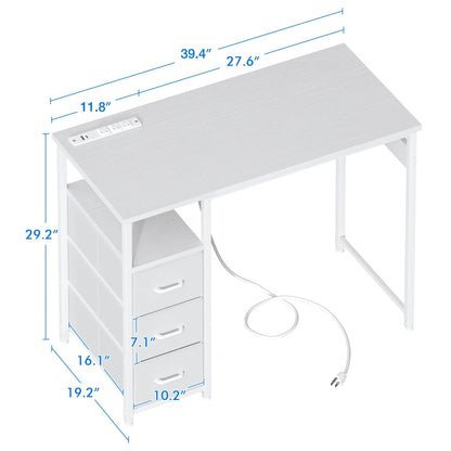 40 Inch Computer Desk with Power Outlets, Home Office Desk with 3 Drawers, Writing Desk with Removable Monitor Shelf, Pure White
