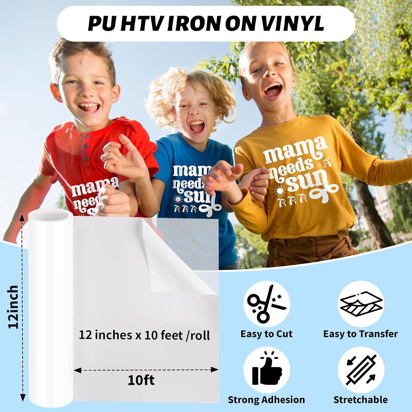 Heat Transfer Vinyl White Iron on Vinyl for All Cutter Machine - 12" X 10Ft HTV Vinyl for Shirts, Easy to Cut & Weed