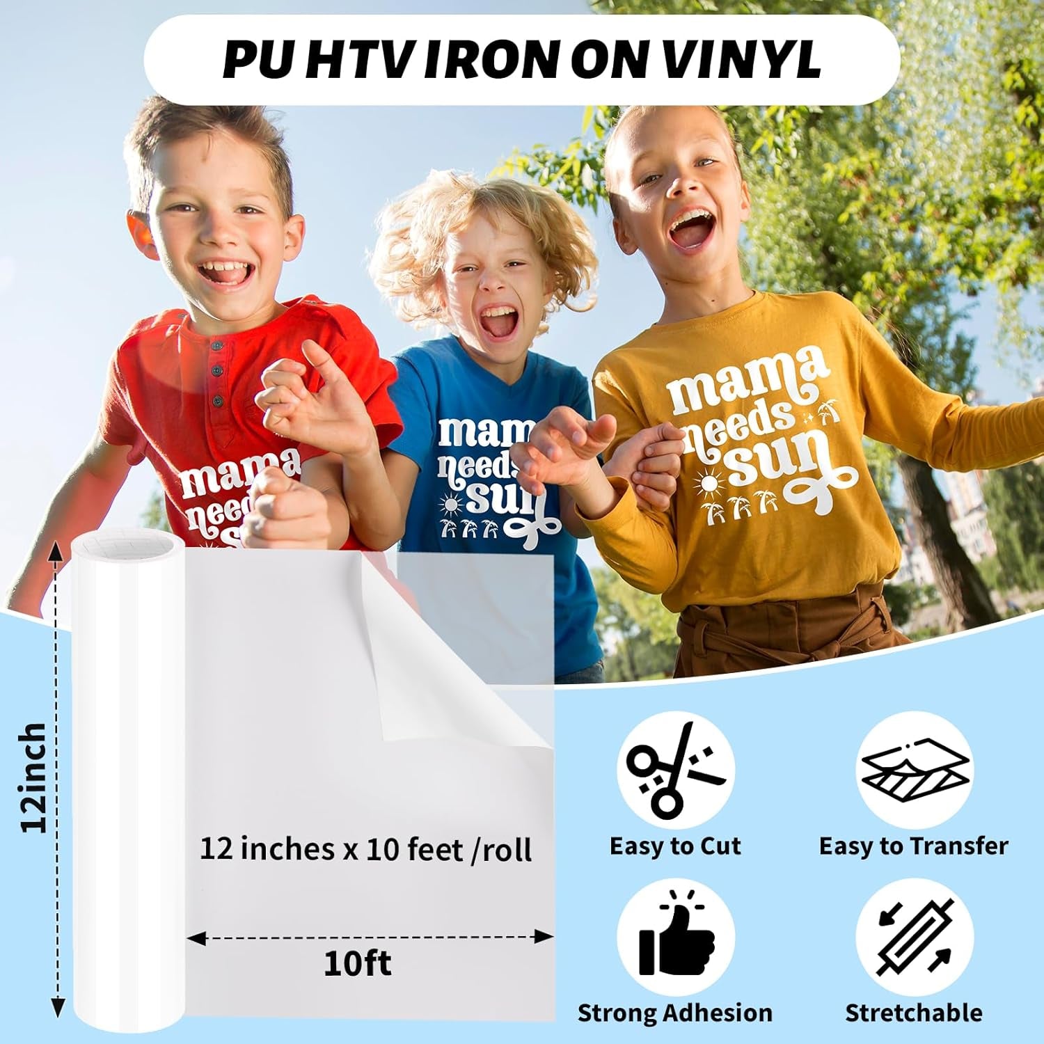 Heat Transfer Vinyl White Iron on Vinyl for All Cutter Machine - 12" X 10Ft HTV Vinyl for Shirts, Easy to Cut & Weed