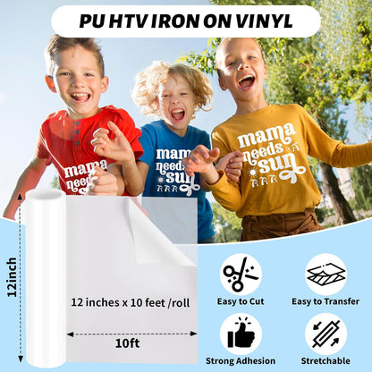 Heat Transfer Vinyl White Iron on Vinyl for All Cutter Machine - 12" X 10Ft HTV Vinyl for Shirts, Easy to Cut & Weed