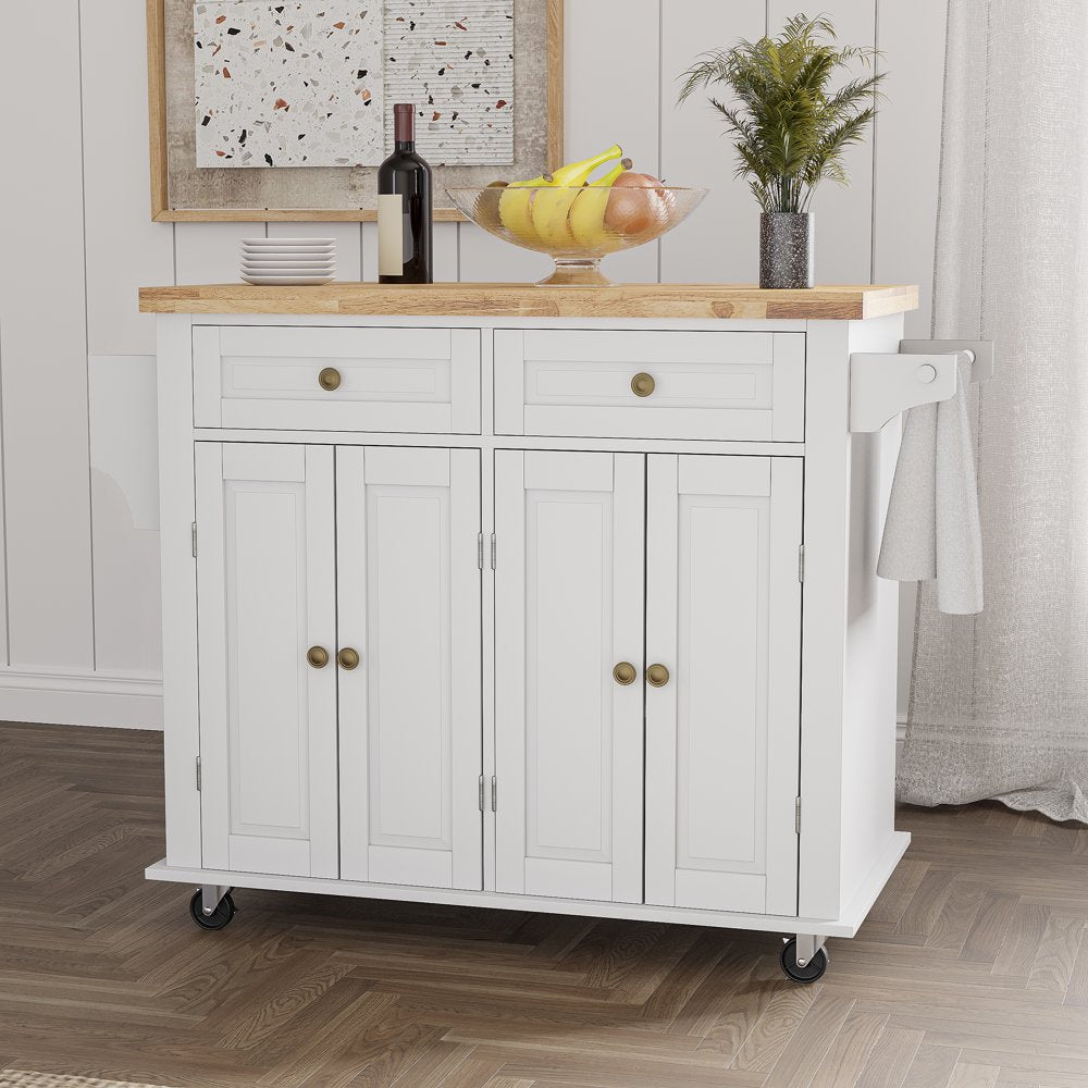 Rolling Kitchen Island, Kitchen Cart with Rubber Wood Countertop, Lockable Casters, Adjustable Shelves, Matte(White-43.3"X17.7"X32.5")