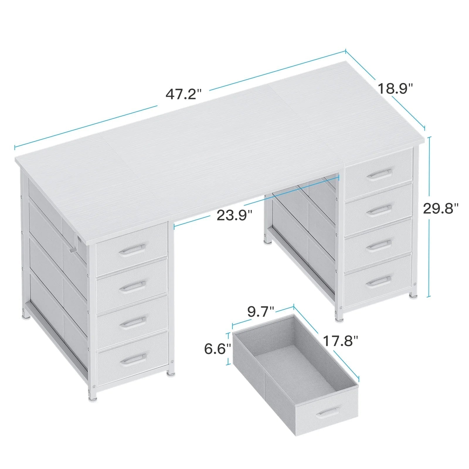 White Computer Desk with Drawers for Storage - 48 Inch Home Office Desk with 8 Fabric Drawers, Writing Study Desk with Drawers on Both Sides for Bedroom